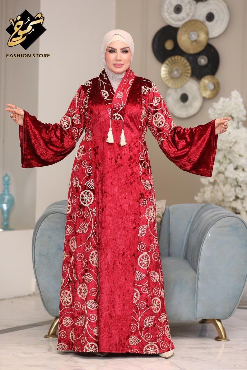 عباية قطيفة فرنساوي مطرزة للنساء – استقبال وخروج شتوي فاخر – مقاس 1 من 60 إلى 85 كجم ومقاس 2 من 85 إلى 120 كجم